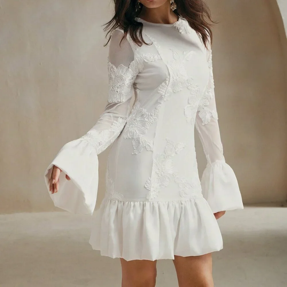 White Elegant Women's French Embroidered Fitted Floral Midi Dress - Picture 5 of 7